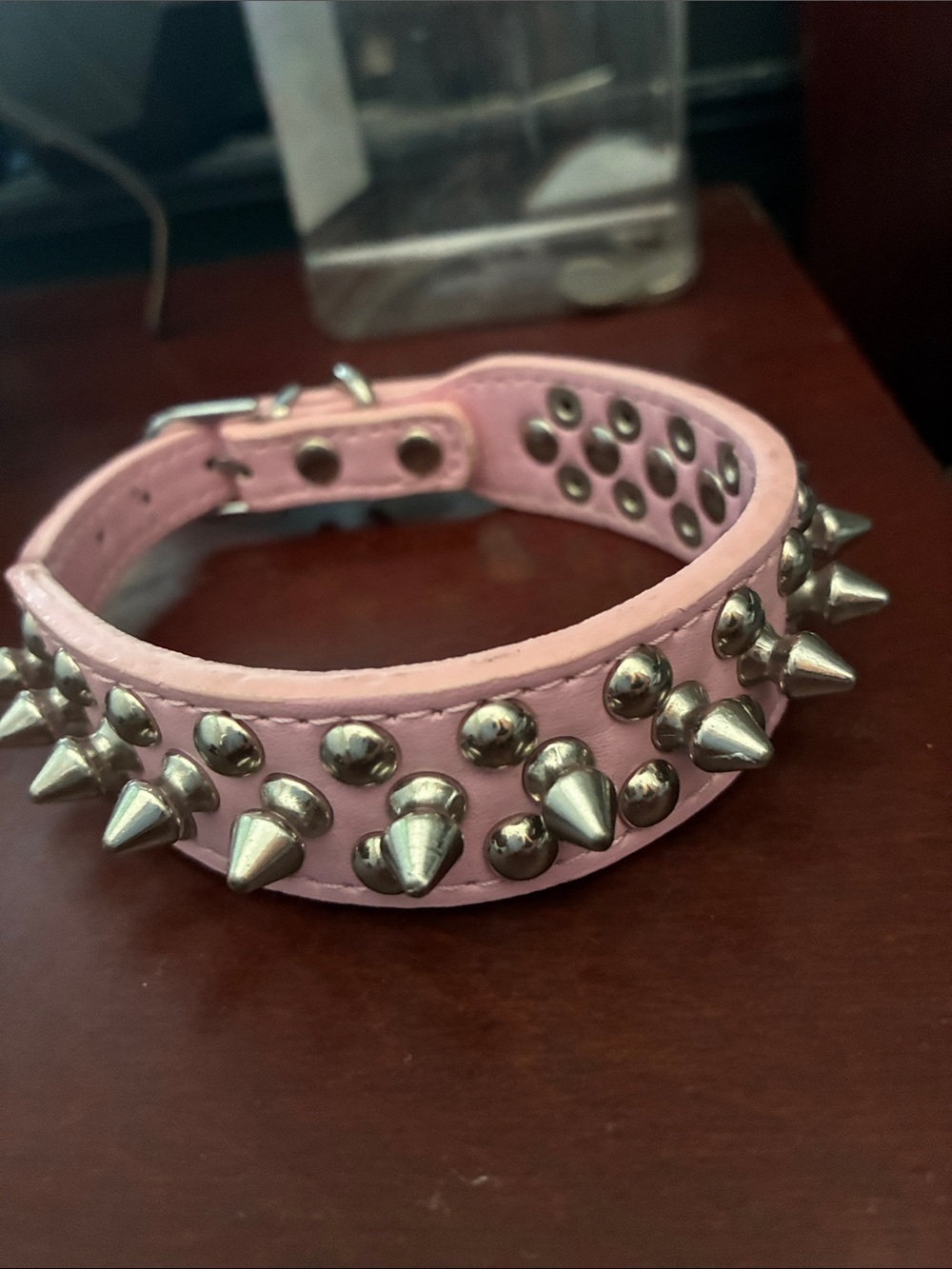 Pink Studded Spike Leather Collar